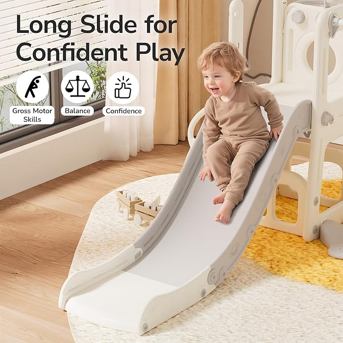 9 in 1 Toddler Slide and Swing Set with Basketball Hoop, Drawing Board, Rings & Telescope Indoor Outdoor Playset for Kids, Playground Activity Center, Toddler Swing and Slide Set