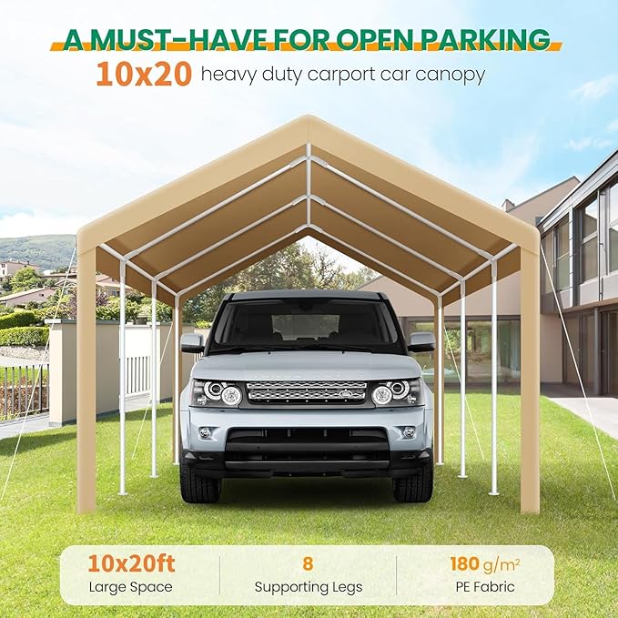 COBIZI Carports 10x20 Heavy Duty Canopy Car Garage with Windproof Ropes & Built-in Sandbags, Car Port Canopy Tent Waterproof & UV Protected for Car Boat Truck, Khaki