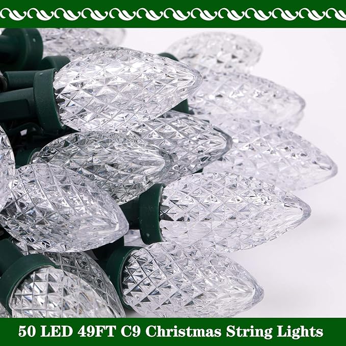 AWQ 50LED 49 FT C9 Christmas String Lights Plug in Fairy Twinkle String Lights 8 Modes Timer Function Waterproof Extendable for Indoor Outdoor Wedding Party Christmas Decoration (50, Warm White)