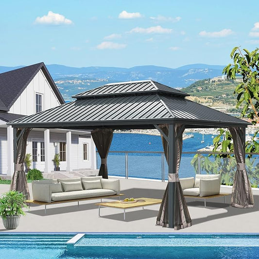 Domi 10’ x 14’ Hardtop Gazebo Canopy Outdoor Aluminum Gazebo, Galvanized Steel Double Roof with Netting for Deck, Backyard, Patio, Garden