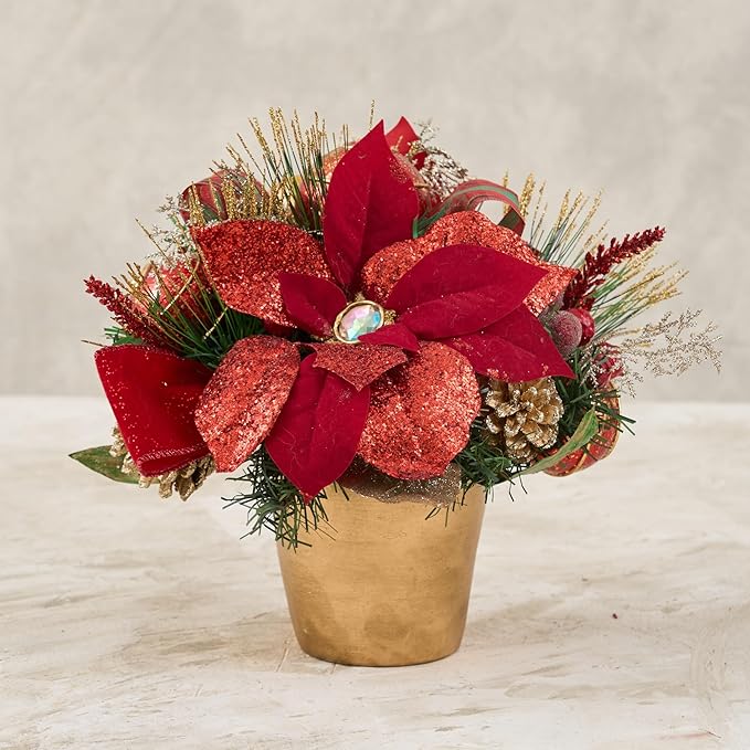 Holiday Tree Christmas Centerpiece - Red Poinsettia Centerpiece with Pot - Handcrafted Glittery Poinsettias, Faux Florals, Foliage, Berries and Ornaments with Red Plaid Ribbon