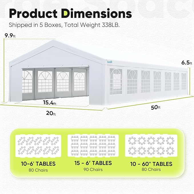 Quictent 20x50 Heavy Duty Party Tent Outdoor Canopy Tent Carport Wedding Event Shelter BBQ Wedding Tents for Parties with Storage Bags(Church)