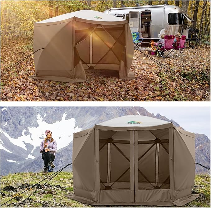 COBIZI 12x12ft Pop up Canopy Tent Gazebo on Clearance Screen Tent, Outdoor Screened Gazebo with Sidewalls, Portable Screen House for Camping with Carrying Bag and Ground Stakes, Brown(Upgraded 2.0)
