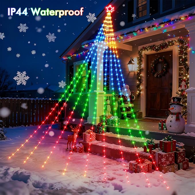 Outdoor Christmas Decorations, 23FT Smart RGB Color Changing Christmas Hanging Waterfall String Lights, APP Remote Control, DIY Multi-Color Lightshow, Music Sync, Outside Xmas Lights Decor