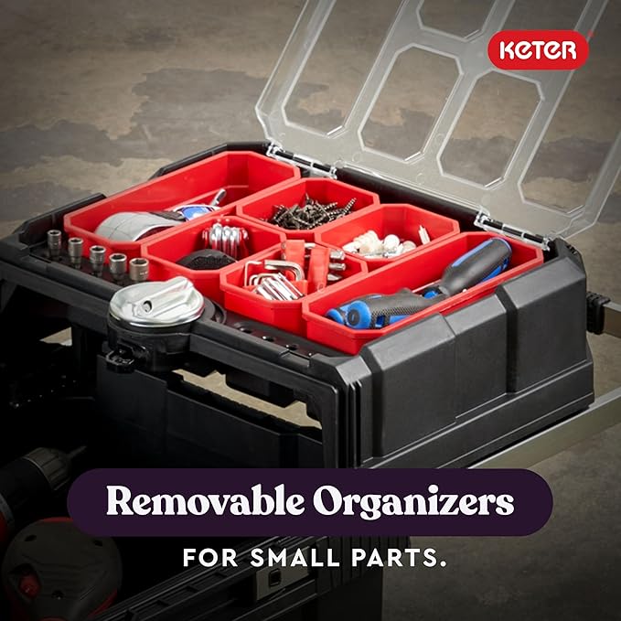 Keter Masterloader Resin Rolling Tool Box with Locking System and Removable Bins ? Perfect Organization and Storage Chest for Power Drill, Tape Measure, and Screwdriver Set, Black