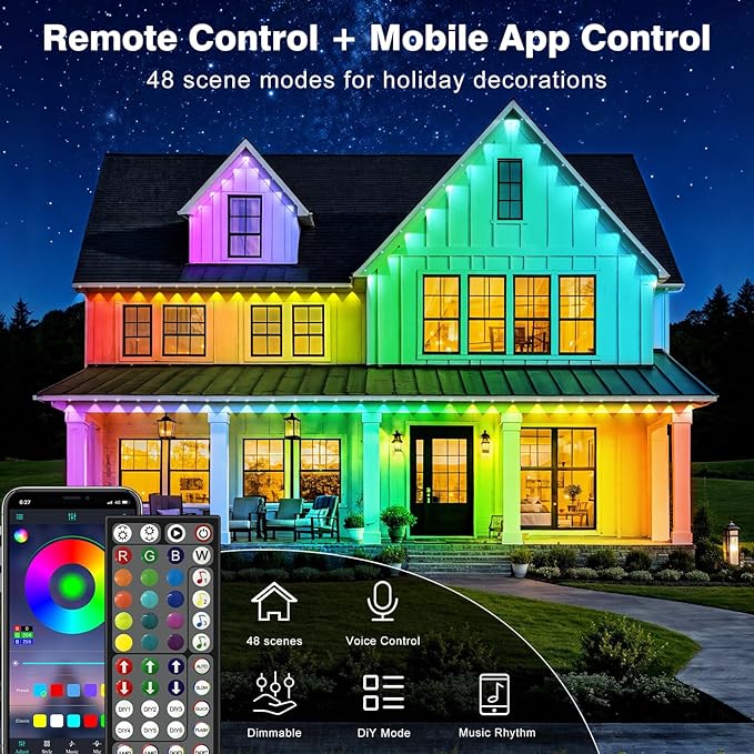 LITSOUL 200FT Permanent Outdoor Lights for House Waterproof, Smart RGB Eave LED Lighting with 16 Million Colors, IP67 Outdoor Strip Lights for Christmas Halloween Holiday Daily Decorations (200FT)