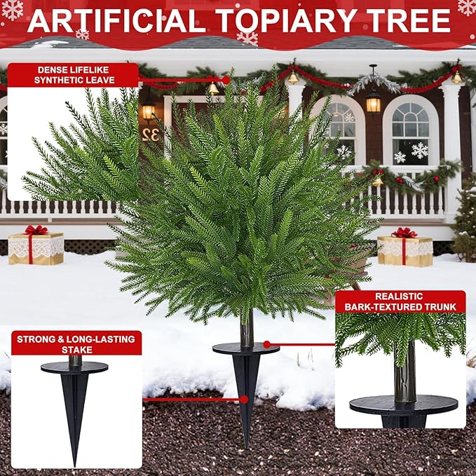 2 Pack 24'' Artificial Norfolk Christmas Topiary Ball Trees, Realistic Norfolk Pine Topiary with Spike Fake Ball Shrubs Plants Christmas Pot Fillers Outdoor Front Porch Door Garden Yard Decorations
