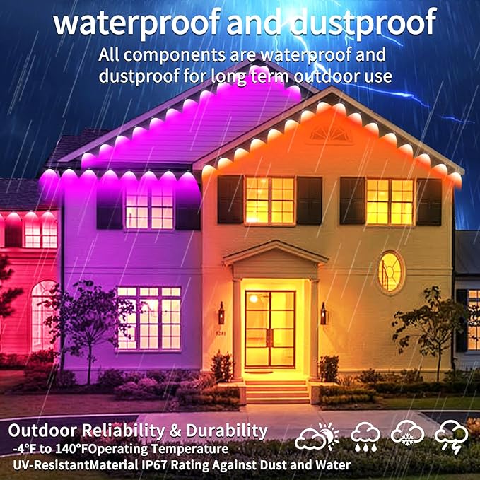 200FT Permanent Outdoor Light, IP67 Waterproof LED Eaves Light, App/Remote Control Christmas Lights, Suitable for House，Patio Decor Garden Party Festival Decoration