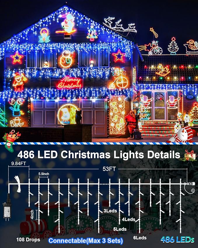 Christmas Lights Outdoor, 53 FT 486 LED Christmas Lights for Outside, Timer & Memory, Plug in 8 Modes Hanging Fairy Lights with 108 Drops for House Eaves Yard Patio Holidays Decorations Blue and White