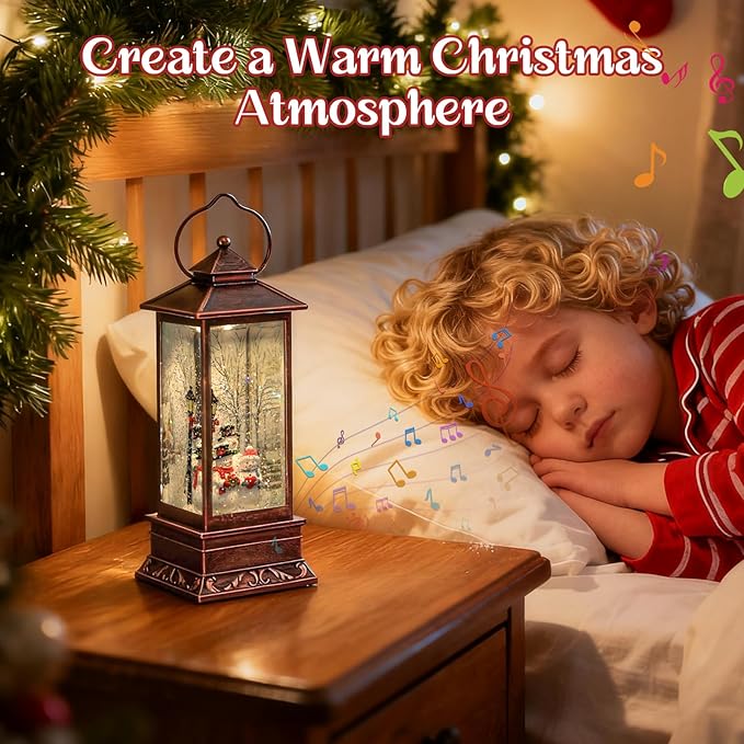 Snow Globe Lantern Christmas Table Decor with Santa Christmas Tree Lighted Scene Indoor Christmas Ornaments Decorations for Home Fireplace Mantle(Snowmen Family)