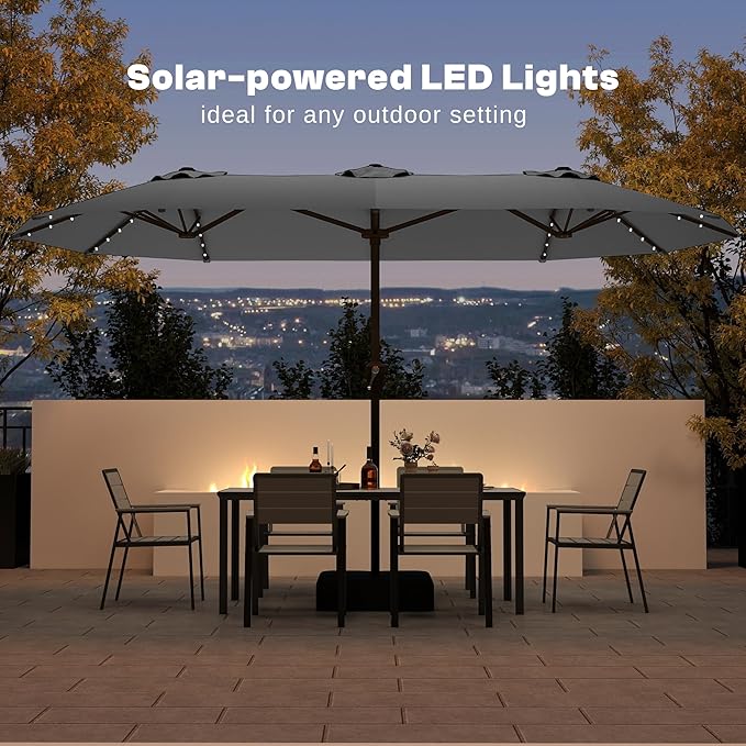 13FT Double-Sided Patio Umbrella with 48 Solar LED Lights, Large Rectangular Outdoor Market Umbrella with Crank Handle, Vented Canopy, Heavy-Duty 12 Rib Steel Frame, for Backyard, Garden, Pool, Grey