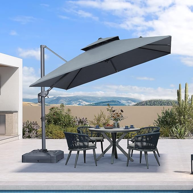 PURPLE LEAF 10 FT Cantilever Umbrella Outdoor Patio Umbrella, Large Offset Square Umbrella, Windproof Heavy Duty Hanging Outside for Patio, Mist Grey