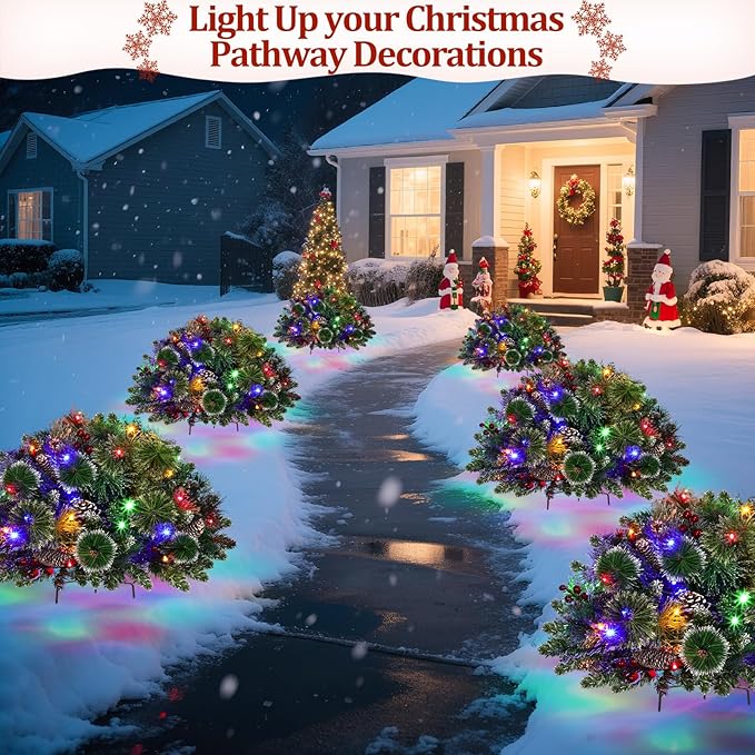 Set of 2 24" Christmas Tree Urn Filler, Prelit 8 Mode Timer 40 LED Lights Xmas Flocked Tree for Porch Driveway Yard