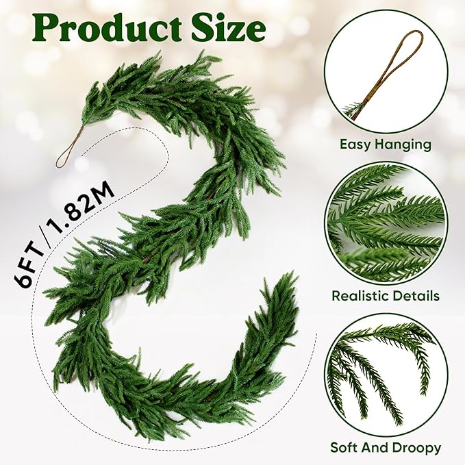 1 Pcs 6 Ft Artificial Norfolk Pine Garlands, Real Touch Christmas Pine Garland, Green Artificial Greenery Garland for Table, Mantle, Wall, Indoor, Outdoor Christmas Decorations