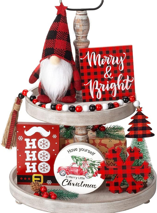 Christmas Tiered Tray Decor 6 PCS Xmas Decorations for Home - Xmas Table Decor Wooden Signs & Buffalo Plaid Gnome Plush Set - Farmhouse Christmas Tray Decoration Kitchen Table Mantel