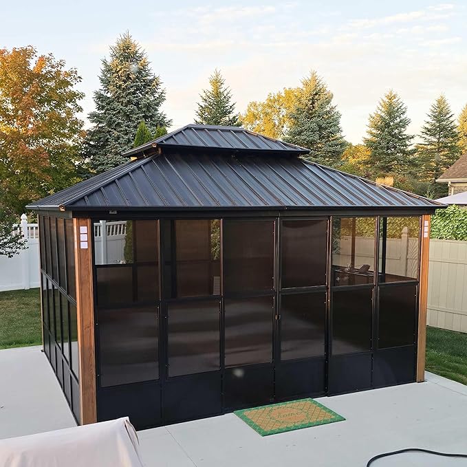 PURPLE LEAF 12' X 14' Sunroom Patio Hardtop Gazebo Double Top Galvanized Steel Screen House Aluminum Sun Room Outdoor Solarium for Garden Backyard and 24 Solar String Light