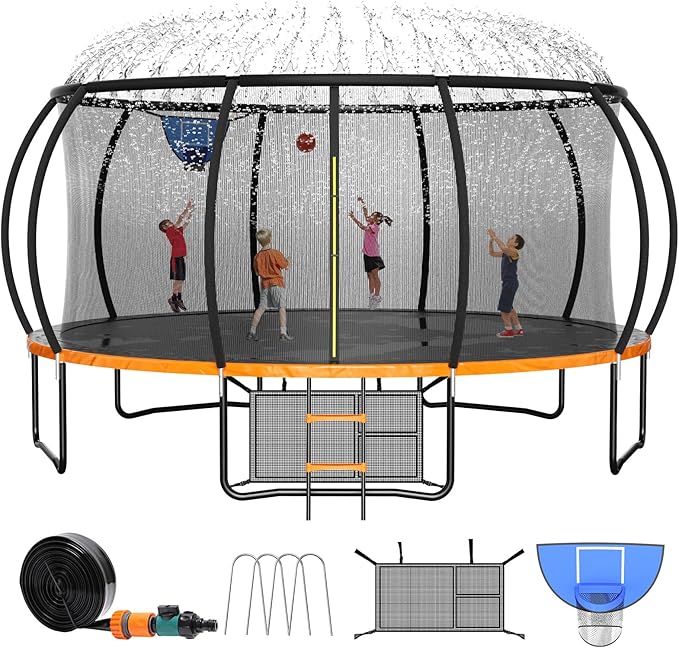 8FT 10FT 12FT 14FT 16FT Trampoline Outdoor, Trampolines for Kids & Adults, Pumpkin Trampolines with Safety Net, Ladder, Coating Metal Frame, ASTM Approved Large Backyard Trampoline for Kids