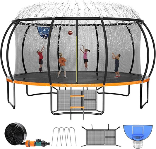 8FT 10FT 12FT 14FT 16FT Trampoline Outdoor, Trampolines for Kids & Adults, Pumpkin Trampolines with Safety Net, Ladder, Coating Metal Frame, ASTM Approved Large Backyard Trampoline for Kids