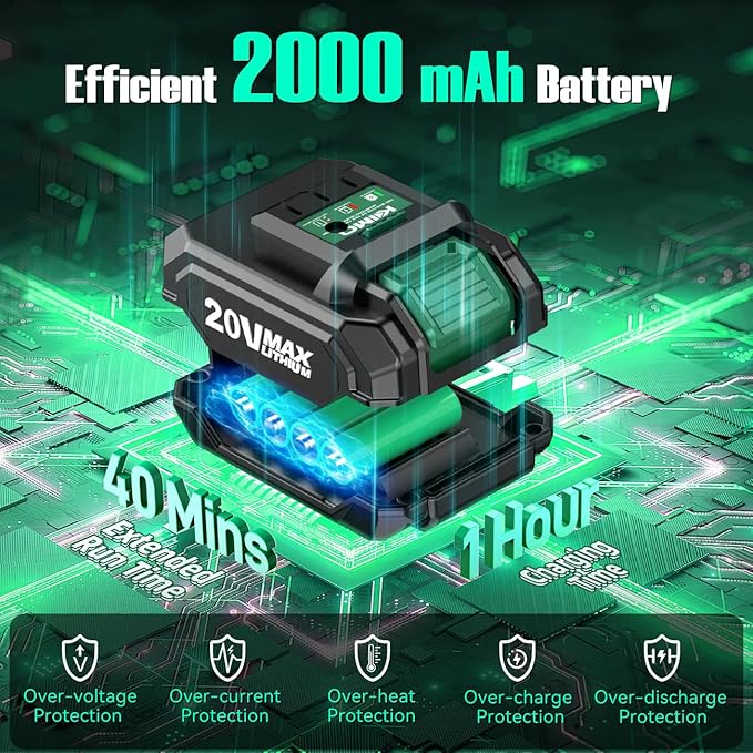 K I M O. Cordless Leaf Blower and Vacuum Combo 4 In 1, 3 Nozzles for Inflation and Deflation, 190MPH/260CFM, Smart Panel with 3 Modes, 20 Extended Tube, 2000mAh Battery Cordless Blowers for Lawn Care