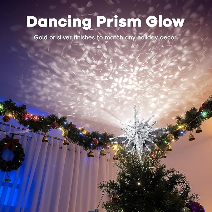 2025 Upgraded Christmas Tree Topper Projector Light with Rotating Bright LED & Wide Coverage, Universal Fit for Any Height Tree, Easy Install, Stable Base, Holiday & Party Decorations (Frosted Silver)