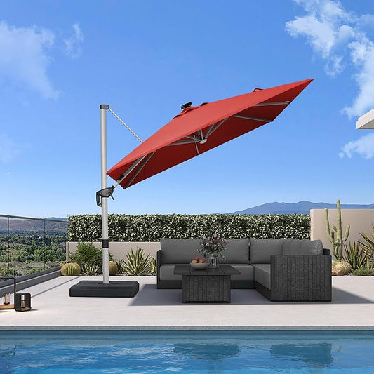 PURPLE LEAF Patio Umbrella with base 9 Feet Outdoor Square Cantilever Umbrella Solar Powered LED with 360-degree Rotation for Garden Deck Pool Patio, Brick Red