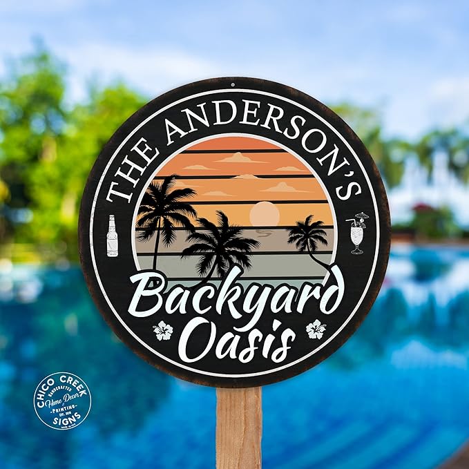 Personalized Backyard Oasis Sign, Patio Sign, Backyard Wall Decor, Tropical Sign, Beach Sign, Pool Plaque, Hot Tub, Made in USA 18" 100180050009
