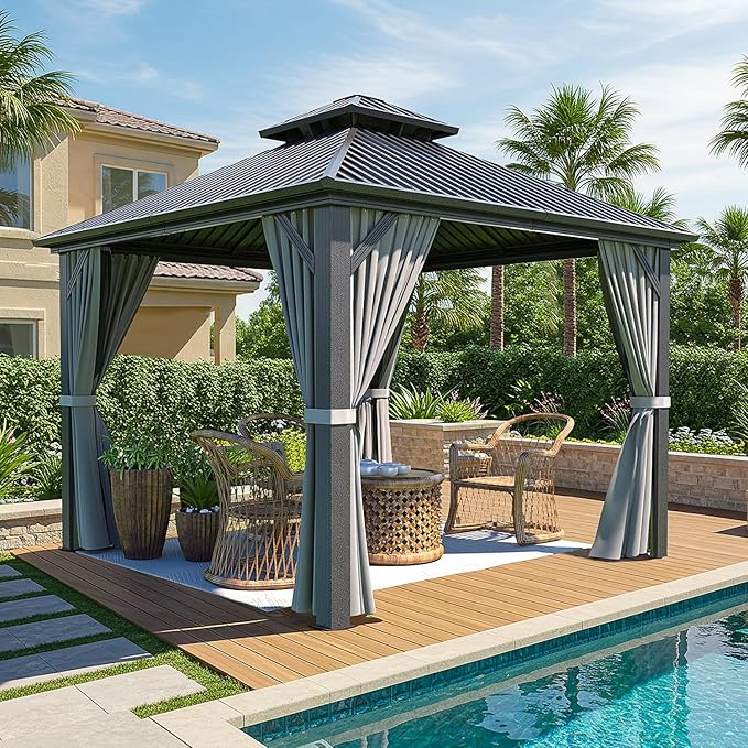 10x10 FT Gazebo Hardtop Gazebo, Aluminum Pergola with Double Galvanized Steel Roof, Curtains and Netting Included, Outdoor Gazebos Canopy for Patio, Backyard, Deck, Lawn,Grey
