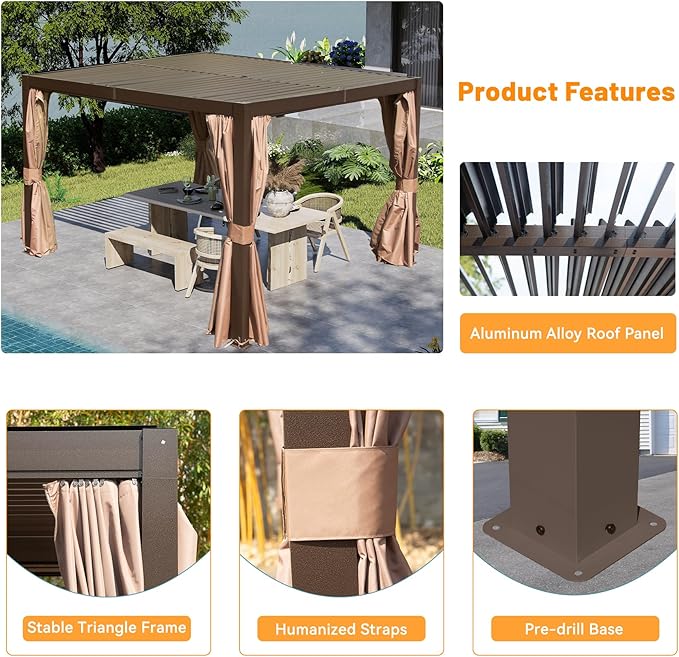 Louvered Pergola 10 x 12 FT, Aluminum Outdoor Pergola with Independent Adjustable Rainproof Top, Built-in Gutter System, Hardtop Patio Metal Pergolas for Deck Garden Backyard -Brown