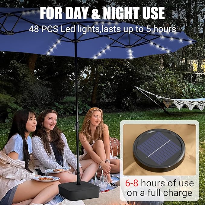 CHABATREE 15FT Rectangle Patio Umbrella with Base & Solar LED Lights - Double-Sided