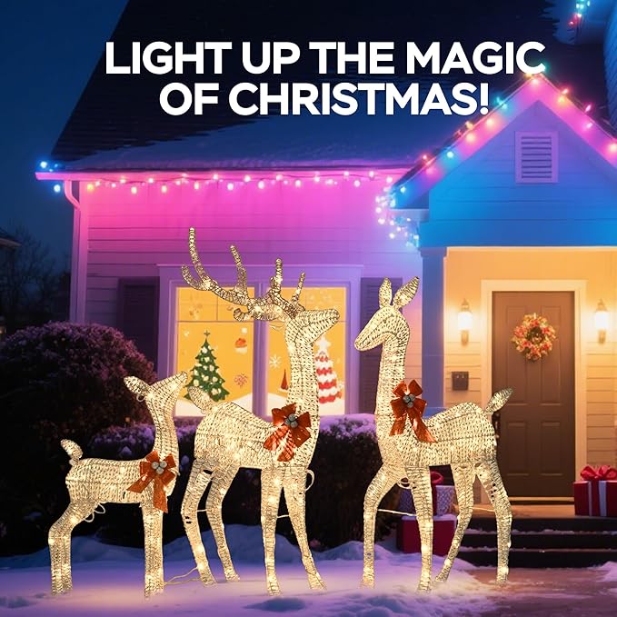 Outdoor Lighted Reindeer Family Christmas Decor, 3-Piece Large Deer (Buck/Doe/Fawn) Holiday Lawn Decorations Set, 210 Warm White LED, Metal & Rattan, Perfect for Yards, Garden