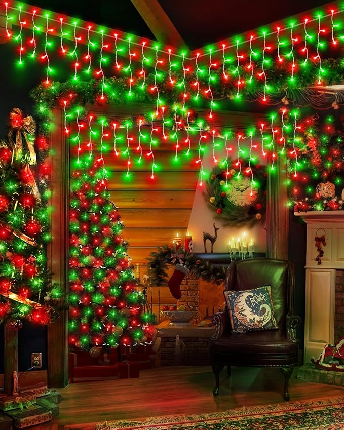 Christmas Lights Outdoor Red Green, 53 FT 486 LED Christmas Lights for Outside, Timer & Memory, Plug in 8 Modes Hanging Fairy Light with 108 Drops for House Eaves Yard Patio Decorations