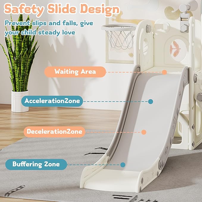 6 in 1 Toddler Slide, Kids Slider for 1-3, Indoor Outdoor Playset Playground with Basketball Hoop, Storage, Climber and Telescope, Great Gift for Baby & Child, Grey and White