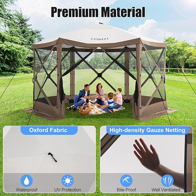 COBIZI 12x12ft Pop up Canopy Tent Gazebo on Clearance Screen Tent, Outdoor Screened Gazebo with Sidewalls, Portable Screen House for Camping with Carrying Bag and Ground Stakes, Brown(Upgraded 2.0)