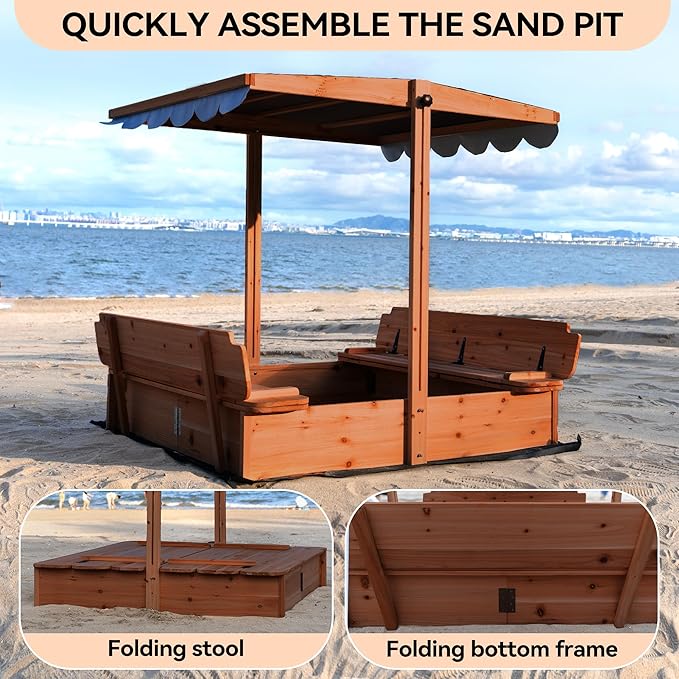 Wooden Sandbox with Lid & Canopy Cover, 48x48 Large Outdoor Sand Box for Kids Ages 4-8, with Foldable Bench Seats, UV-Resistant & Adjustable Height Roof & Bottom Liner