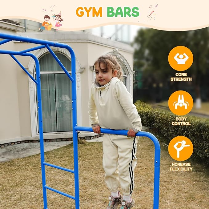 Outdoor Monkey Bar Set for Kids, with Climbing Frame, Gymnastics Bars, Playground Sets for Backyards, Metal Monkey Bars for Kids Age 3+, Backyard Set with Powder Coated Steel, Blue