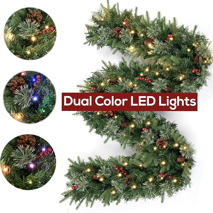 9FT Pre-Lit Artificial Christmas Garland with Dual Color LED Lights and Timer by Remote Control and Batteries Operated, Holiday Decorations, for Indoor Door Home Stairs Fireplaces Wall