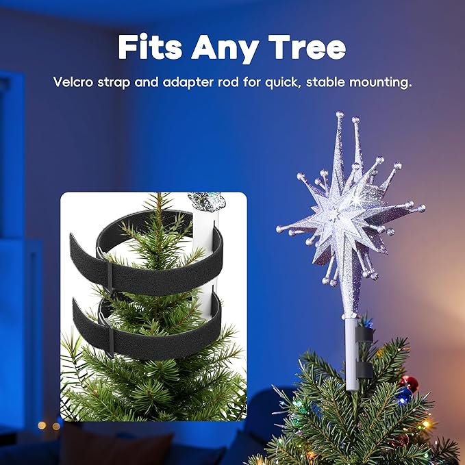 2025 Upgraded Christmas Tree Topper Projector Light with Rotating Bright LED & Wide Coverage, Universal Fit for Any Height Tree, Easy Install, Stable Base, Holiday & Party Decorations (Frosted Silver)