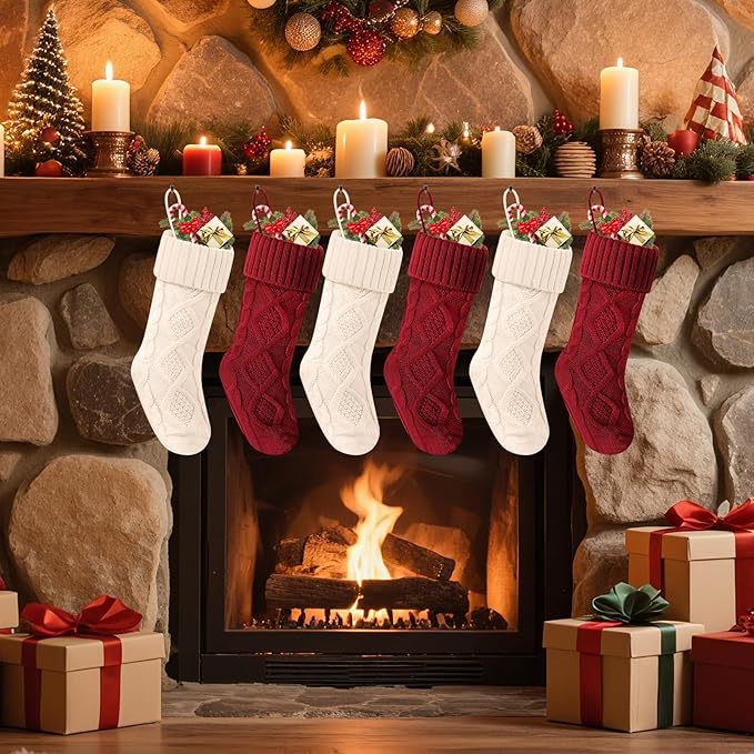 Christmas Stockings 18 Inches,Long Knitted Socks Christmas Decoration Hanging Stocking Fireplace Xmas Tree Stocking for Home Family（3red+3white）