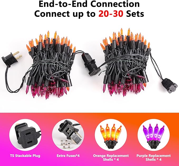 Halloween Lights - 2 Pack 21.5FT 100LED Conectable Waterproof String Lights Brighter Detachable Plug-in Lights Indoor & Outdoor for Halloween Decoration(Orange & Purple)