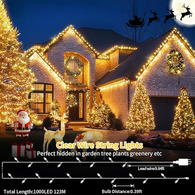 JXLEDAYY 403FT 1000 LED String Lights Outdoor Fairy Lights Plug in Christmas Lights Clear Wire with Remote Timer 8 Modes for Outside House Garden Party Wedding Decorations-Warm White