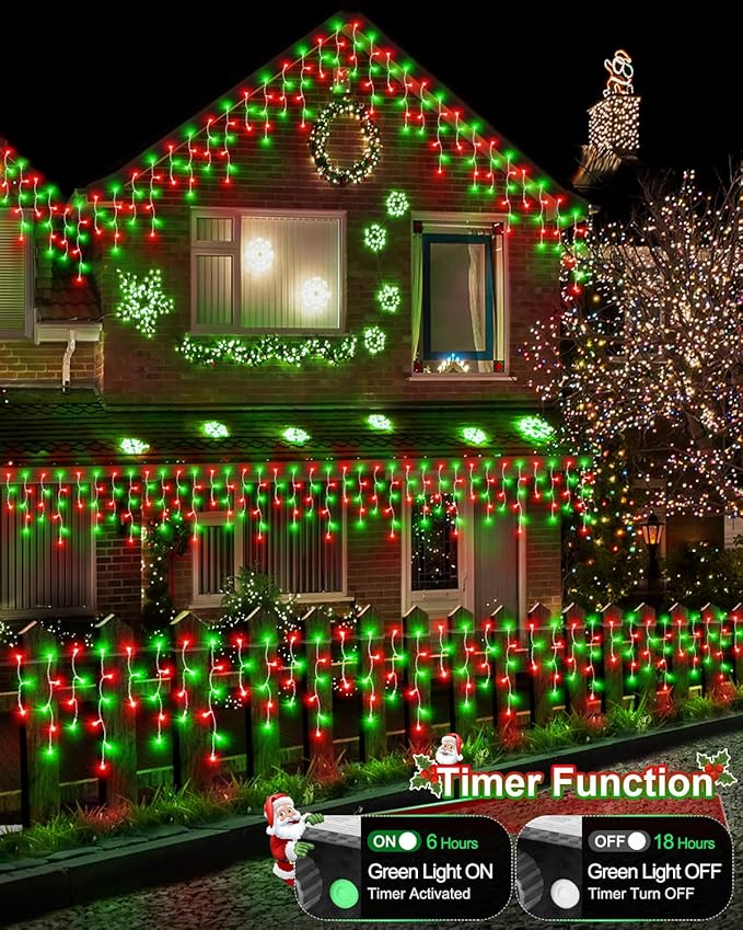 Christmas Lights Outdoor Red Green, 53 FT 486 LED Christmas Lights for Outside, Timer & Memory, Plug in 8 Modes Hanging Fairy Light with 108 Drops for House Eaves Yard Patio Decorations