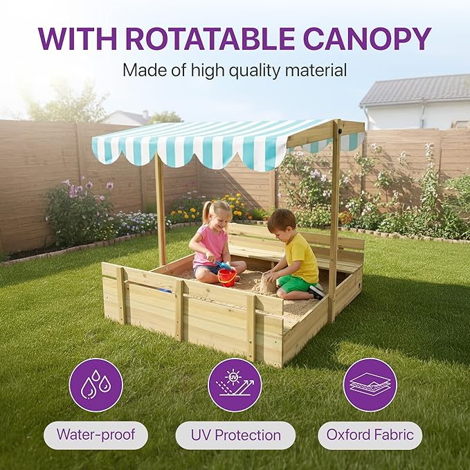 Plum? Kids Outdoor Wooden Sandbox with Lid - Toddler Sensory Toys, Outdoor Sand Box for Kids with Bench Seat, Adjustable Canopy & Bottom Liner, UV-Protection, Weatherproof, Easy Assembly, Ages 3+ Yrs