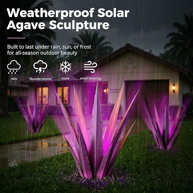 24” Large Solar Metal Agave Plants Outdoor Decor, Tequila Rustic Sculpture Outdoor Statues, Garden Sculpture for Patio Path Courtyard and Lawn (Vintage Purple-Solar Light)