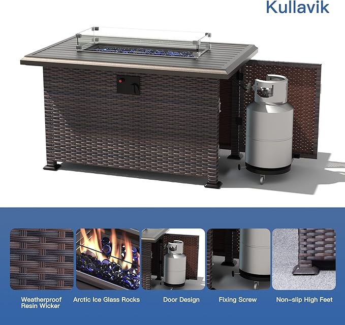 Kullavik 15PCS Outdoor Patio Furniture Set with 43" 55000BTU Gas Propane Fire Pit Table PE Wicker Rattan Sectional Sofa Patio Conversation Sets w/8 Coner Sofas,Sand