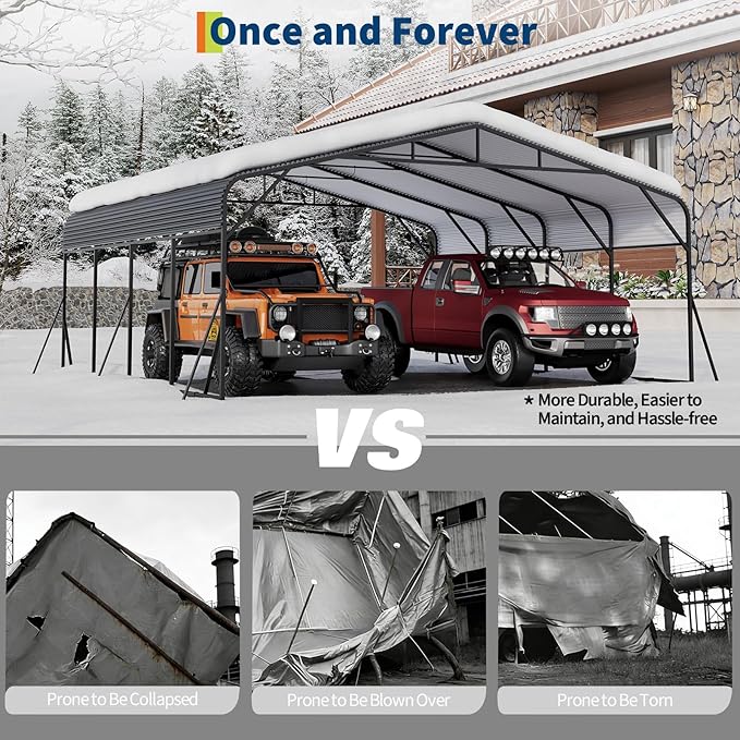 Metal Carport, 20x20 FT Outdoor Carport Canopy with Reinforced Base and Galvanized Steel Roof, Heavy Duty Garage Car Shelter Shade for SUV, Truck, Boats