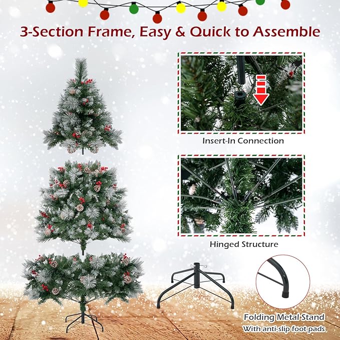 GOFLAME 6FT Pre-Lit Christmas Tree with Pine Needles, Hinged Artificial Xmas Tree with 747 Branch Tips, 350 LED Lights, 55 Pine Cones & 55 Red Berries, Holiday Decoration Tree with 11 Lighting Modes