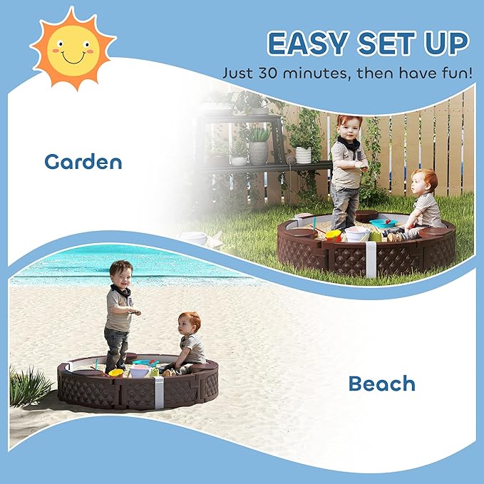 Qaba Kids Sandbox with Cover, Round 47 HDPE Large Sand Pit with 3 Seats, Waterproof Bottom Liner, Weather Resistant Outdoor Sand Box for Backyard, Lawn, Garden, Beach, Patio, Brown