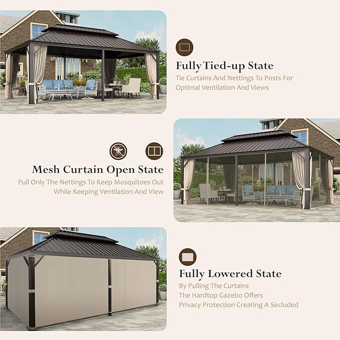 HERA'S HOUSE 12’x20’ Hardtop Gazebo Canopy, Outdoor Galvanized Steel Double Roof Gazebo, Aluminum Frame Pavilion with Netting and Curtains for Patio Lawn Backyard Deck Garden