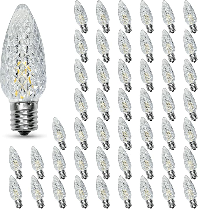50PACK C9 Christmas Lights LED Replacement Bulbs，Shatterproof & Waterproof Plastic C9 Led Bulbs for Outdoor String Lights, E17 Base, 0.6W Equivalent to 7W, Warm White 2700K, 50LM Holiday Decoration