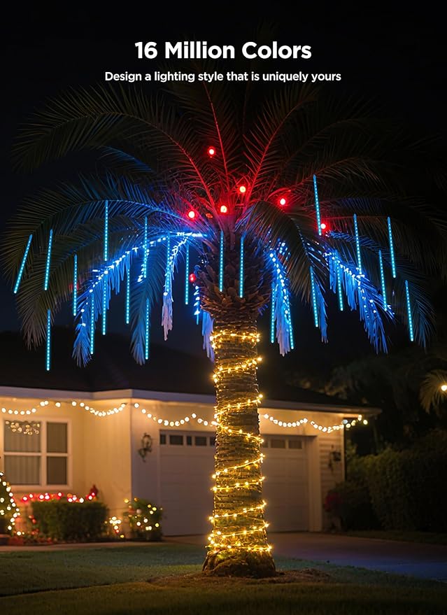 Smart Meteor Shower Lights Outdoor, 16Tube 256LED 24.6ft Color Changing Dripping Icicle Christmas Lights for Outdoor Outside, APP Controlled RGB Customize Display DIY Dynamic Lighting Effec